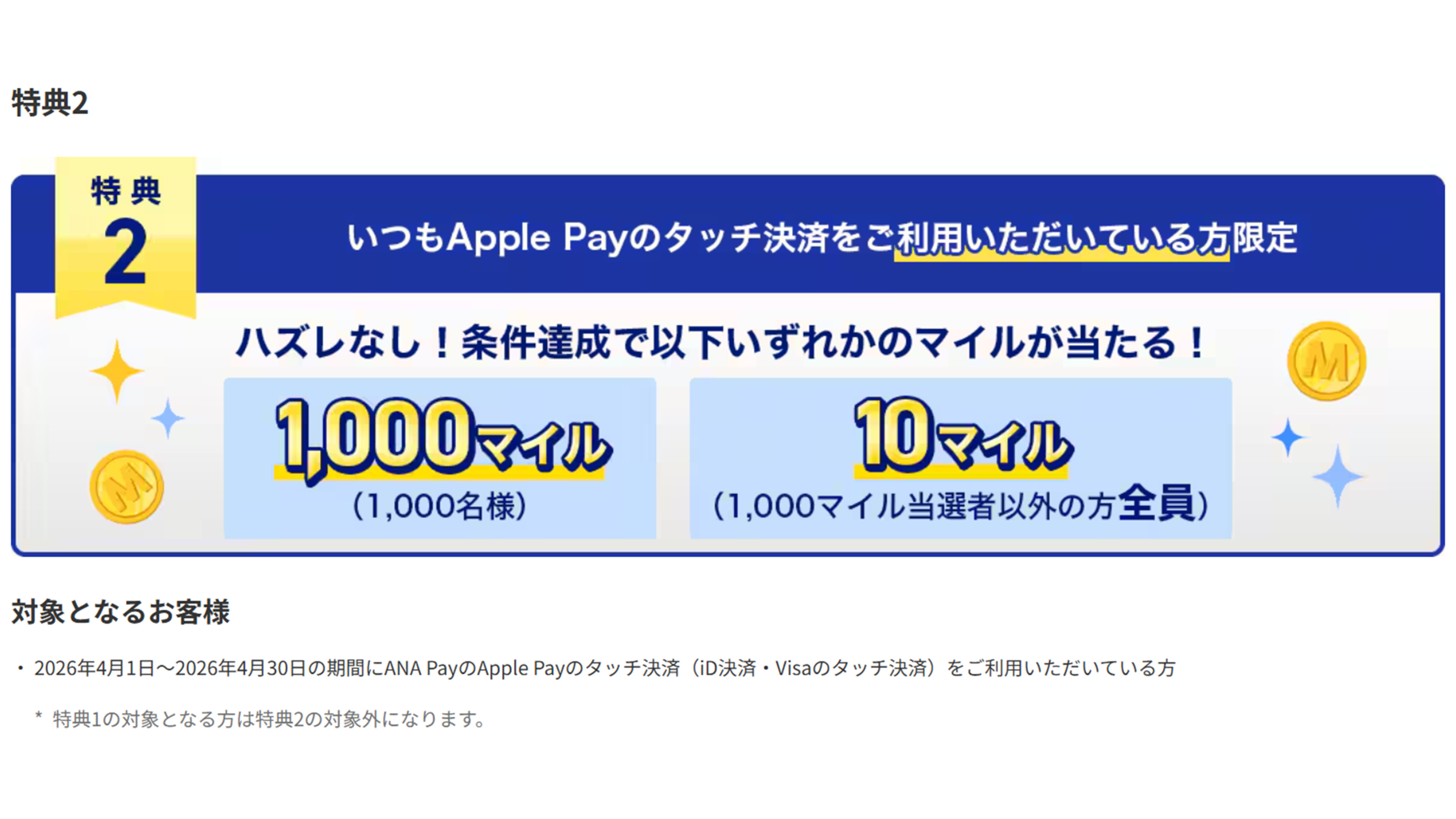 特典2の内容（4月利用者向けマイル付与：1,000名に1,000マイル、その他10マイル）