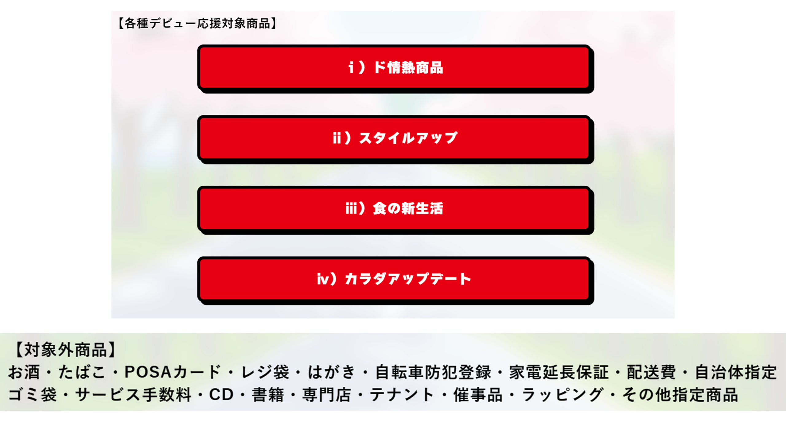 デビュー応援対象商品と対象外商品