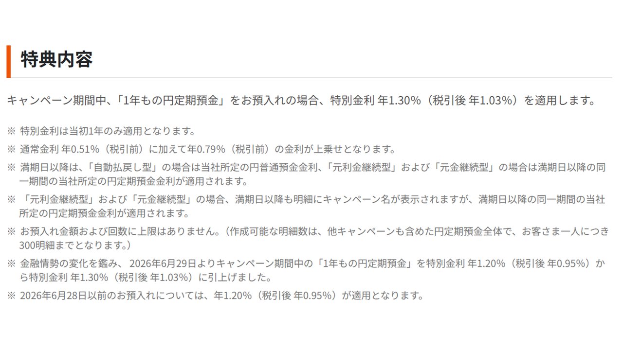 特典内容 特別金利年1.30%（税引後年1.03%）