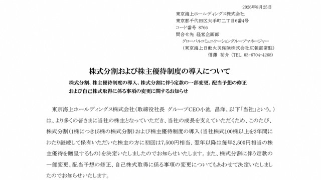東京海上ホールディングス 株式分割および株主優待制度の導入についてのお知らせ