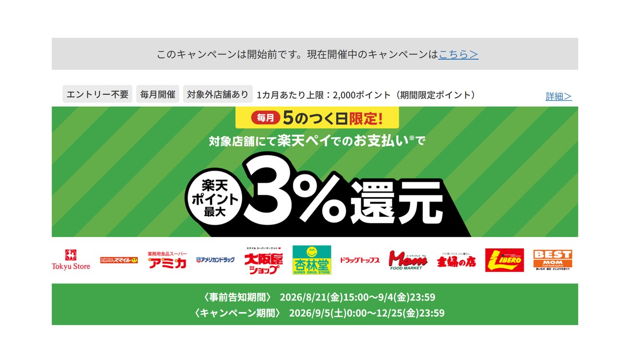 楽天ペイ 5のつく日 対象店舗で最大3%還元キャンペーン