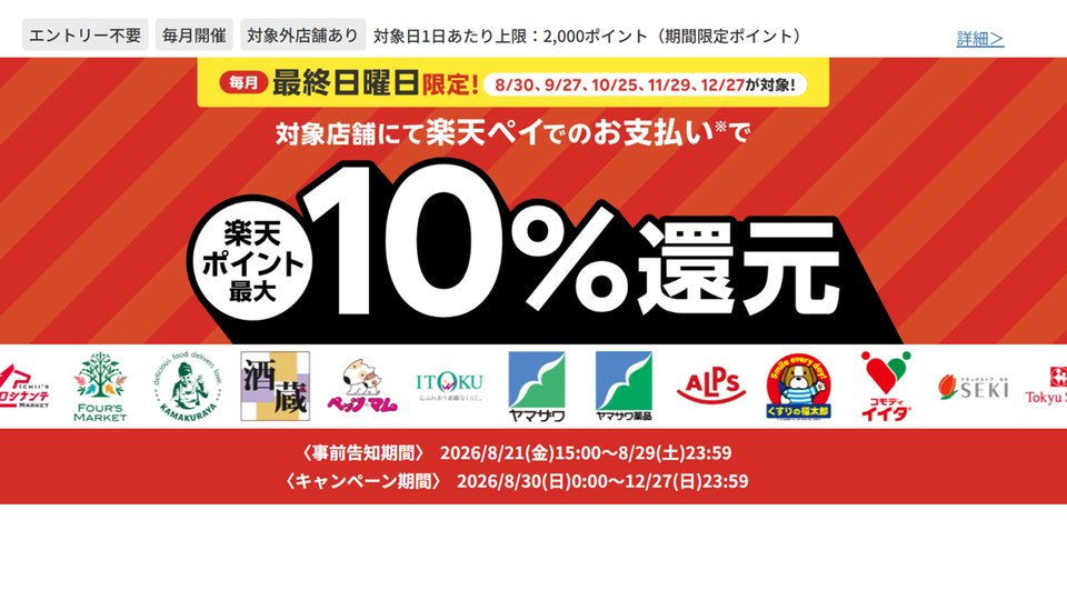 楽天ペイ 最終日曜日 対象店舗で最大10%還元キャンペーン