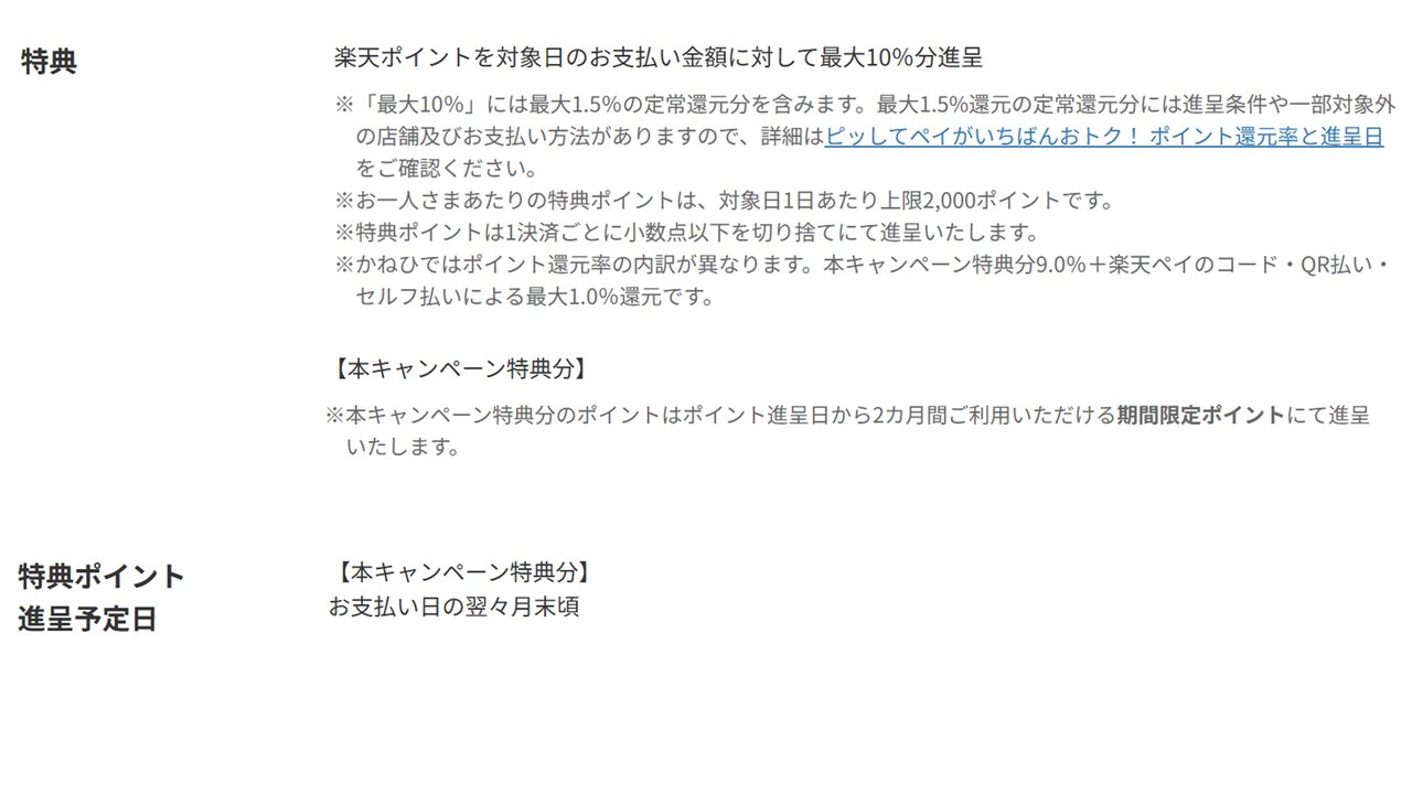 特典 最大10%還元の内訳と特典ポイント進呈予定日