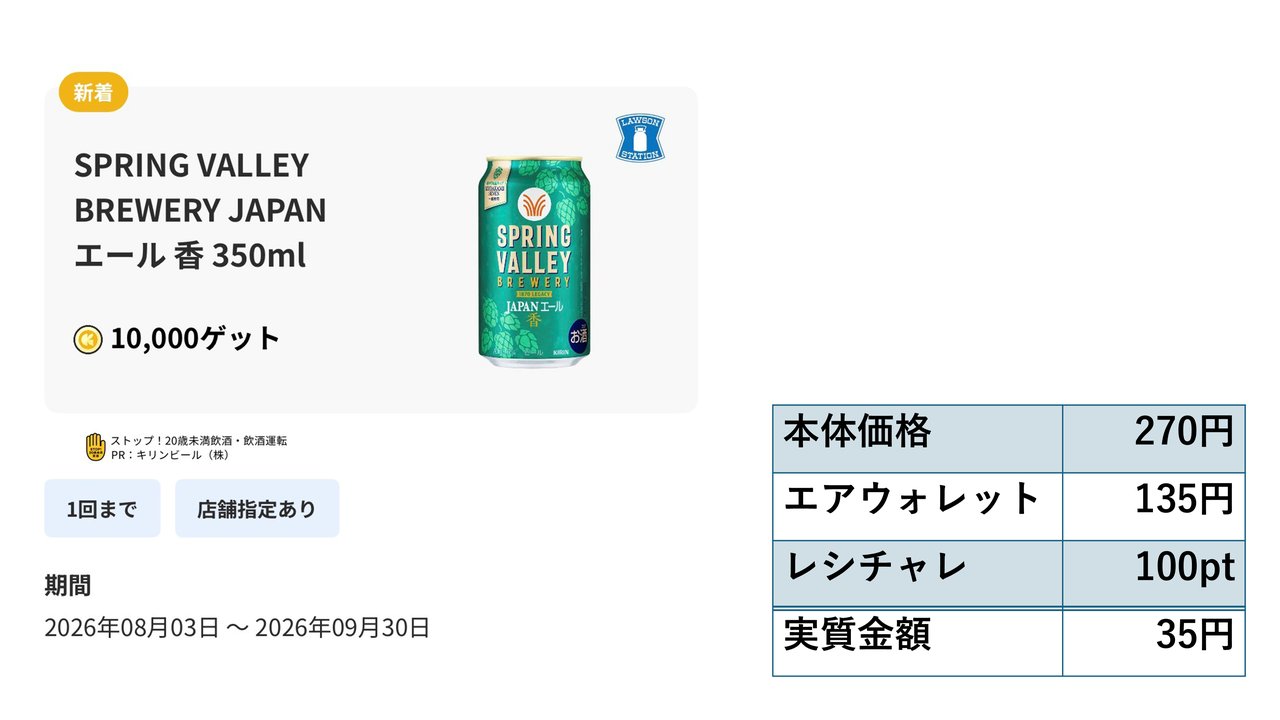 お酒の実質価格 本体270円がエアウォレットとレシチャレの併用で35円