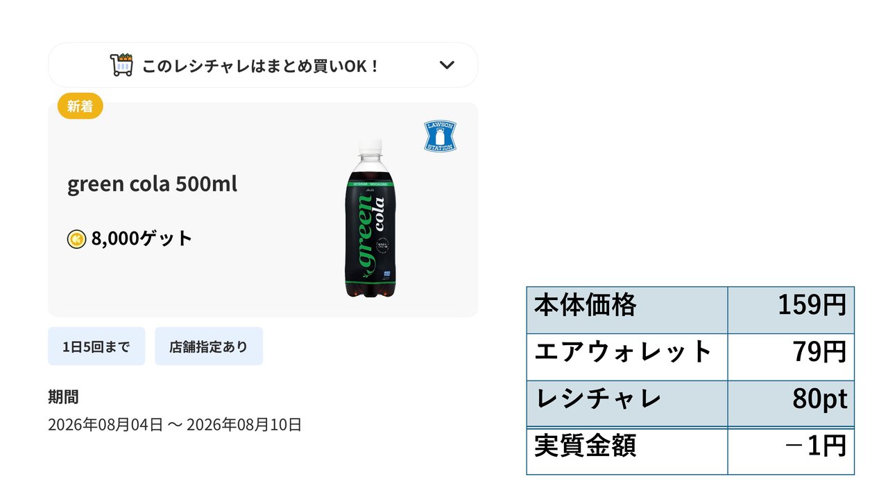 コーラの実質価格 本体159円がエアウォレットとレシチャレの併用で実質マイナス1円