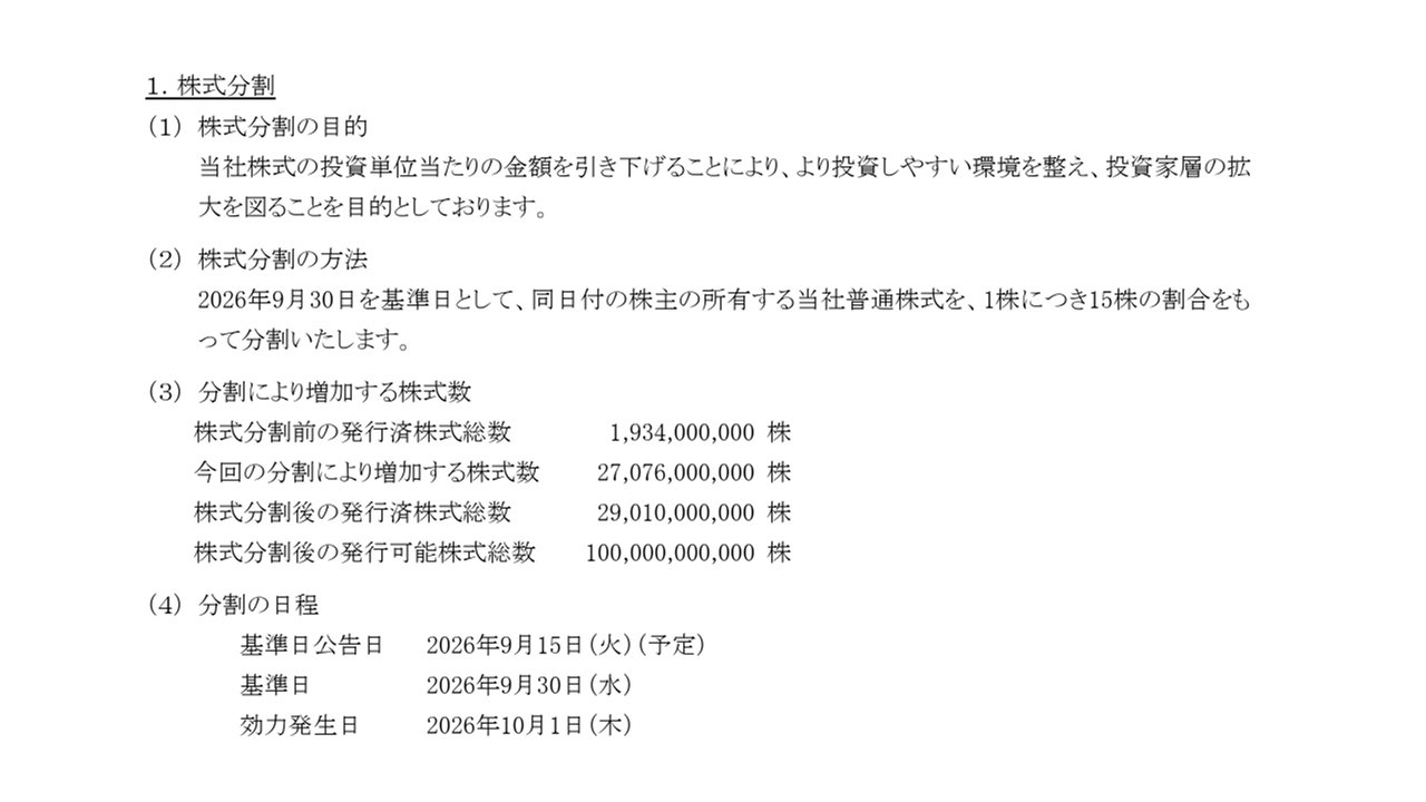 株式分割の目的・方法・増加する株式数・日程