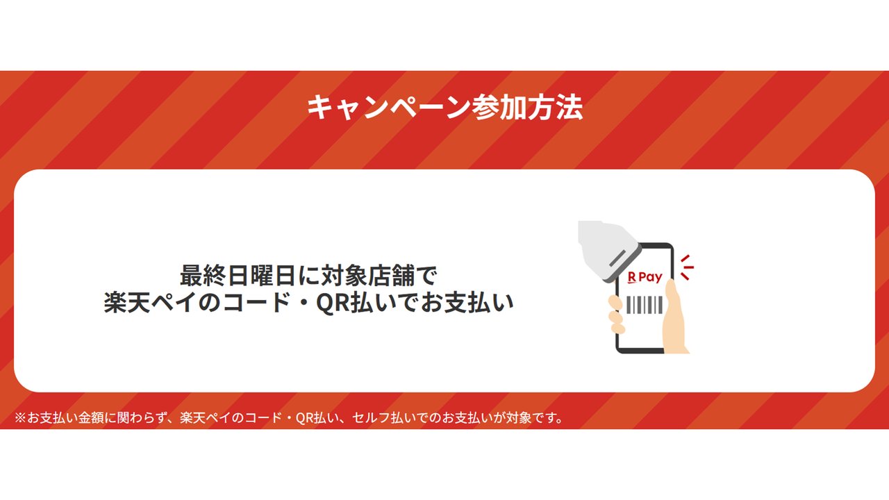 最終日曜日に対象店舗で楽天ペイのコード・QR払いで支払う