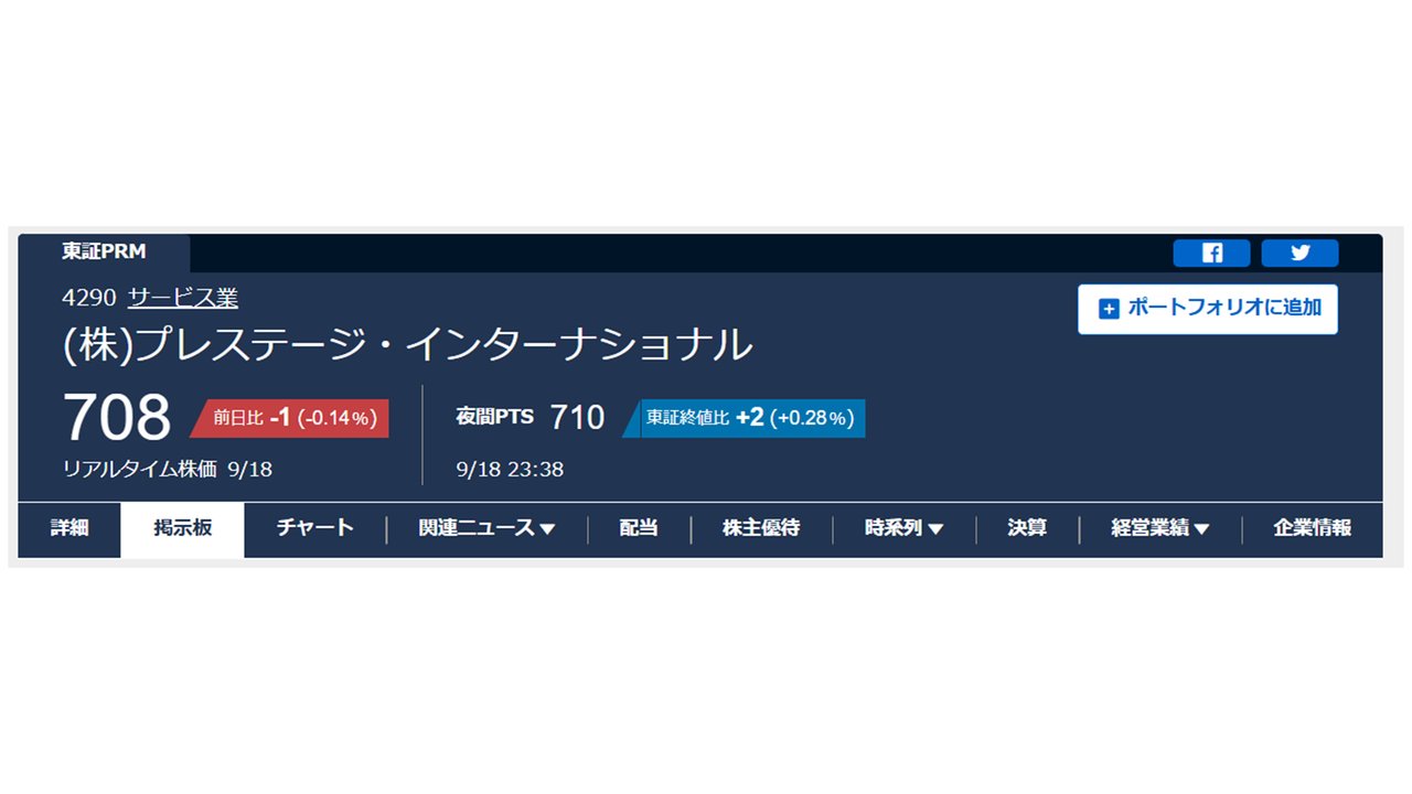 プレステージ・インターナショナル(4290)の株価708円