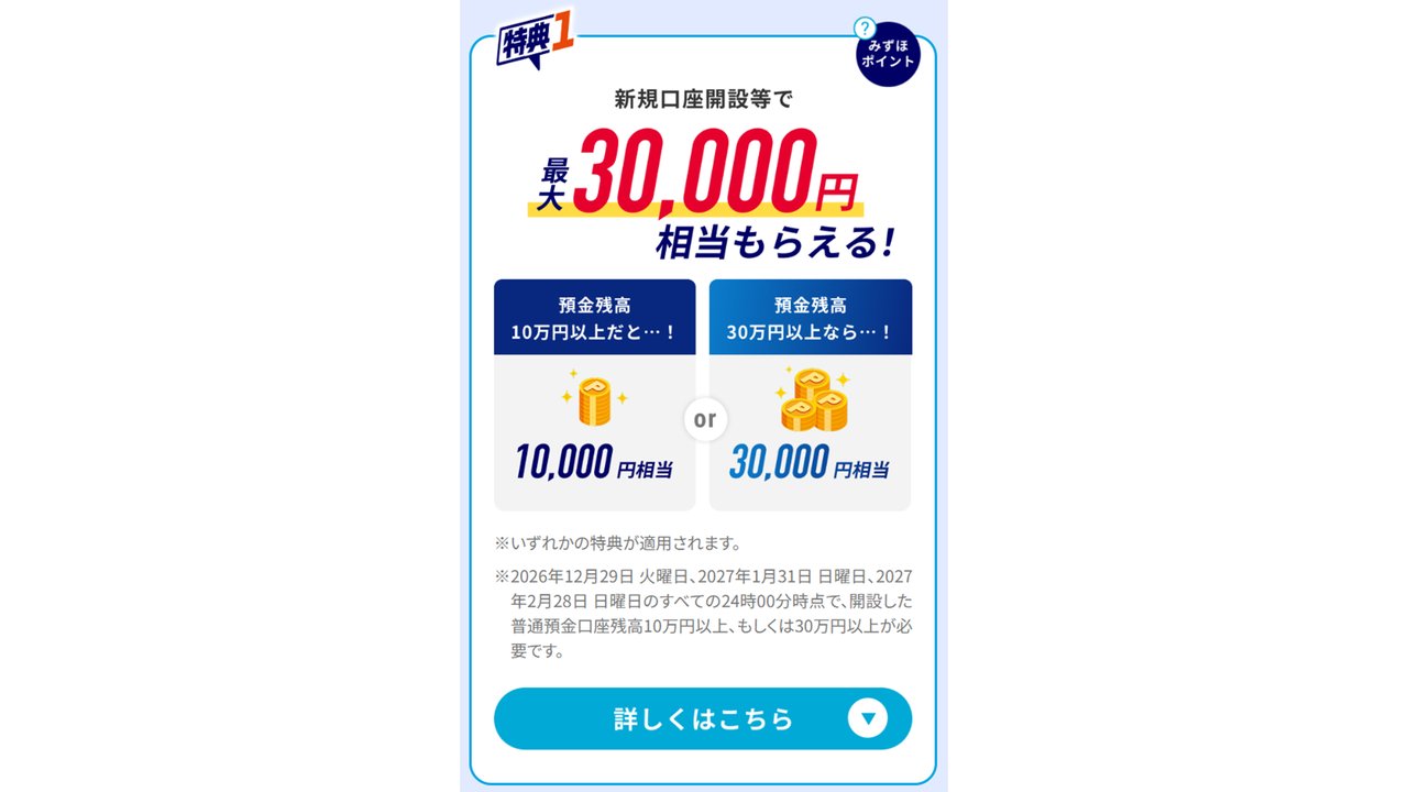 特典1 新規口座開設等で最大30,000円相当