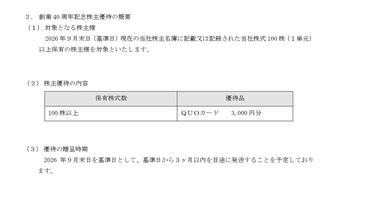 記念株主優待の内容と贈呈時期